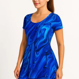 Blue Marble Print UPF 50+ UV Shield Swimsuit Set for Women | Skin-Friendly Printed Women Blue Swimsuit-image-2