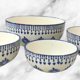 Ceramic Mixing Bowl Blue Jhallar Bowl Set Of 4 (1000,750,500,300)Ml Serving Dinnerware Bowl Set-image-50