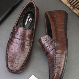 pelle albero Men Textured Lightweight Square Toe Comfort Insole Leather Loafers-image-81