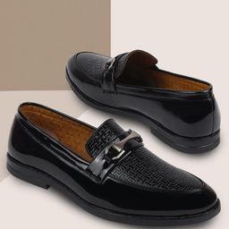 FAUSTO Men Black Woven Design Patent Lightweight Leather Loafers-picture-39