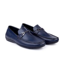 One8 Men Navy Blue Solid Leather Formal Loafers-image-8