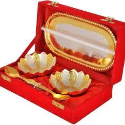 Silver And Gold Plated Bowl and Spoon Set With Royal Velvet Gift Box Bowl, Spoon, Tray Serving Set-18