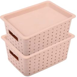 Plastic BPA Free Small Trendy Storage Basket With Lid|Color-Light Brown|Pack of 2 Storage Basket-15
