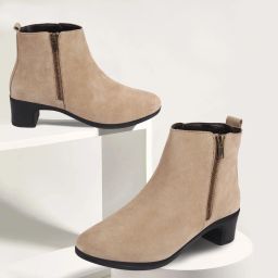Flared Heel Mid Top Suede Leather Zipper Closure Winter Chelsea Boots For Women-image-27
