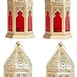 Metal Decorative Golden Lantern Candle Holder, Set of 4, Tealight Lantern Multicolor Metal Hanging Lantern-image-21
