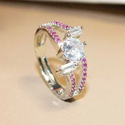 PRIVIU Silver-Plated American-Diamond Studded Adjustable Finger Ring-58