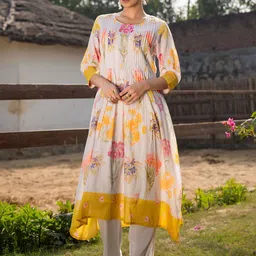 Indo Era Floral Printed Round Neck Pleated Pure Cotton A-Line Kurta With Trouser-picture-11