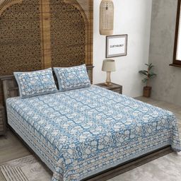 CLOTHOLOGY Blue & White Floral 180 TC King Bedsheet with 2 Pillow Covers-image-70