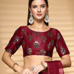 Oomph! Non Padded Round Neck Jacquard Saree Blouse-image-57