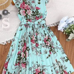 White World Girls Floral Printed Flutter Sleeve Fit & Flare Midi Dress-picture-3