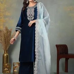 Stylum Women Embroidered Regular Sequinned Velvet Kurta with Palazzos & With Dupatta-picture-18