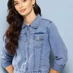 BAESD Women Washed Cotton Lightweight Crop Denim Jacket with Embroidered-36