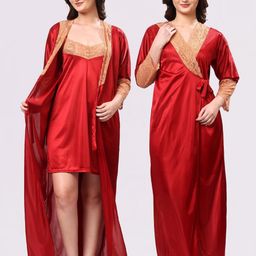 NIGHT KEYS Maroon Satin Maxi Solid Nightdress-43