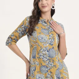 KALINI Floral Print Mandarin Collar Roll-Up Sleeves Ethnic Shirt Style Top-image-91