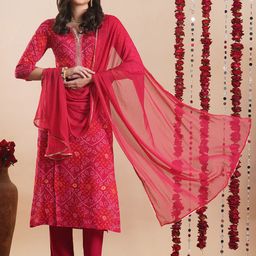 KALINI Bandhani Printed Beads and Stones Straight Kurta With Trouser & Dupatta-image-94