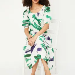 max Printed Puff Sleeve Pure Cotton A-Line Midi Dress-image-92