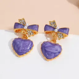 KRENOZ Gold-Plated Artificial Stones Studded Heart Shaped Drop Earrings-18