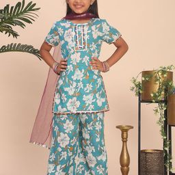 Cutiekins Girls Floral Printed Gotta Patti Straight Kurta With Palazzo & Dupatta-picture-10