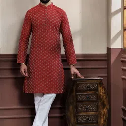 PulseIQ Men Red Cotton Blend Kurta Sets-picture-55