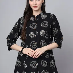 BAESD Floral Print Mandarin Collar Roll-Up Sleeves Ethnic Cotton Top-image-82