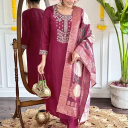 Storebrite Floral Embroidered Round Neck Chanderi Silk Kurta With Trousers & Dupatta-picture-27