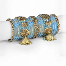 Mamon Creations Set Of 38 Gold-Plated & Turquoise Blue Alloy Bangles-picture-34