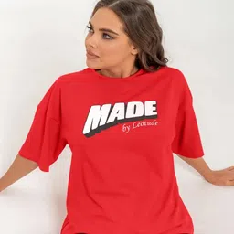 Leotude Women Typography Printed Round Neck Cotton Oversized T-shirt-image-35