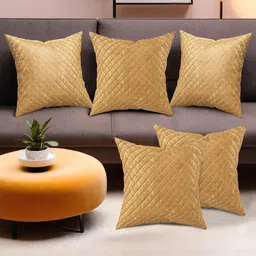 Myntra Elegant Homes Gold-Toned Set of 5 Velvet Square Cushion Covers-3
