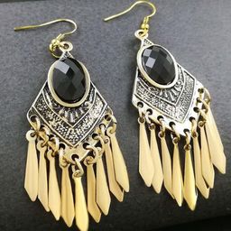 Saizen Gold-Plated Cubic Zirconia Studded Tasselled Oval Shaped Drop Earrings-image-26