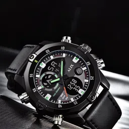 ALIX Men Brass Patterned Dial & Leather Straps Analogue and Digital Multi Function Watch AL3032 BLACK-26