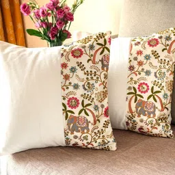 PILOVILO Cream-Coloured & Pink Set of 2 Ethnic Motifs Square Cushion Covers-5