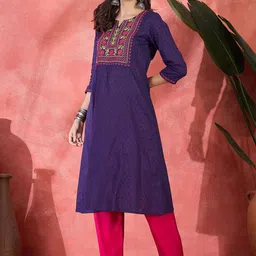 Sangria Floral Embroidered Notch-Neck Pure Cotton A-Line Kurta-picture-37