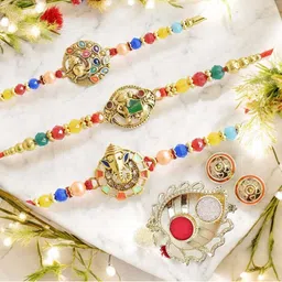 MEIRA JEWELLERY Set Of 3 Stone-Studded & Beaded Rakhi With Greeting Card Gift Set-16