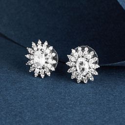 TEEJH Silver-Plated Floral Cubic Zirconia Stone Studded Oxidised Studs-43