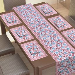 Texstylers Peach & White 13 Pieces Printed Cotton Canvas Table Linen Sets-48