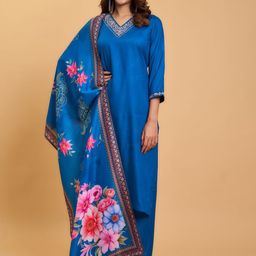 Fashion Basket Floral Yoke Design V-Neck Sequinned Straight Kurta With Pyjamas & Dupatta-image-83