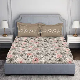 SPACES Cream-Coloured & Black Floral 144 TC Queen Bedsheet with 2 Pillow Covers-5