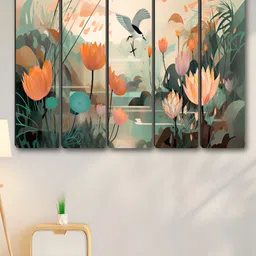 Aura Beige & White 5 Piece Synthetic Wood Floral and Botanical Wall Paintings-image-73