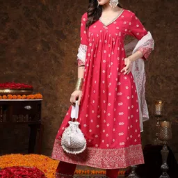 Stylum Pink Floral Printed Empire Pure Cotton Kurta With Trousers & Dupatta-image-36