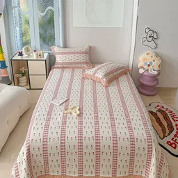 JC HOME White & Red Floral Printed 162 TC Double King Bed Cover With Pillow Covers-image-89