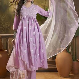 Sangria Floral Embroidered V Neck Kurta Set With Dupatta-30