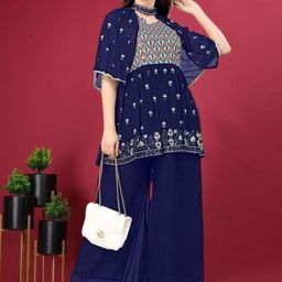 PARROT CREATION Floral Embroidered Georgette V-Neck Kurti With Palazzos & Jacket-image-80