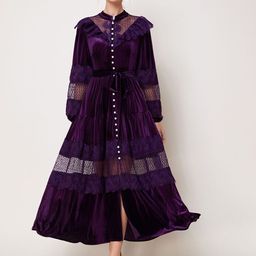 JC Collection Solid Mandarin Collar Lace Inserts Detail Fit and Flare Tiered Maxi Dress-picture-25