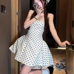 bebe Women Polka Dot Printed Lace Inserts Shoulder Straps Fit & Flare Mini Dress-picture-30