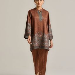 Rustorange Paisley Printed Mandarin Collar Long Sleeves Top With Trouser-image-88