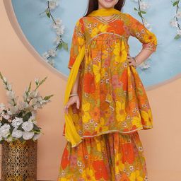 Little Zing Girls Floral Printed V-Neck Kurta And Sharara With Dupatta-picture-22
