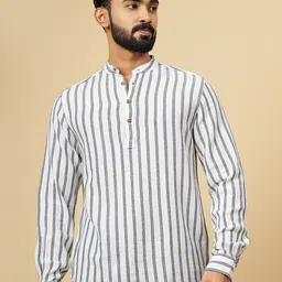 JADE BLUE Men Mandarin Collar Vertical Striped Cotton Slim Fit Casual Shirt-image-8
