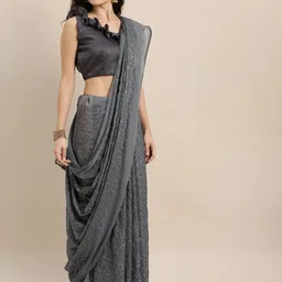 KALINI Grey Striped Pure Georgette Saree-image-52