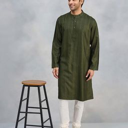 Fabindia Striped Embroidered Thread Work Band Collar Straight Kurta-image-83