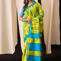 Moda Rapido Women Yellow & Blue Cotton Block Print Saree-picture-16